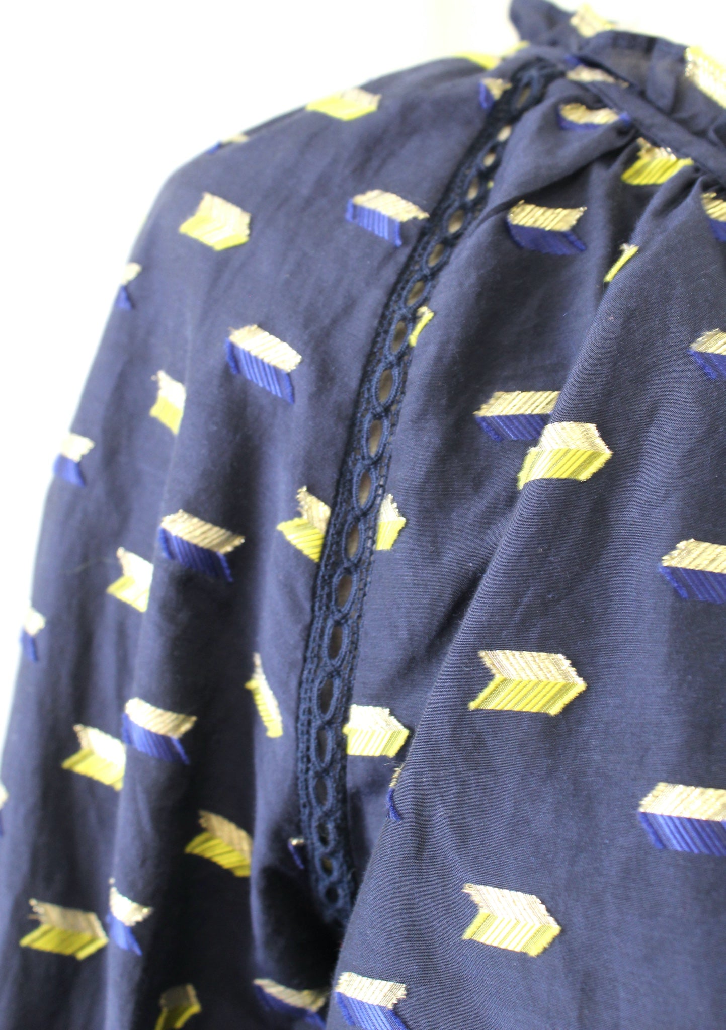 Point Sur J Crew Navy Blue Metallic Arrow Clip Dot Popover Top Blouse Size S