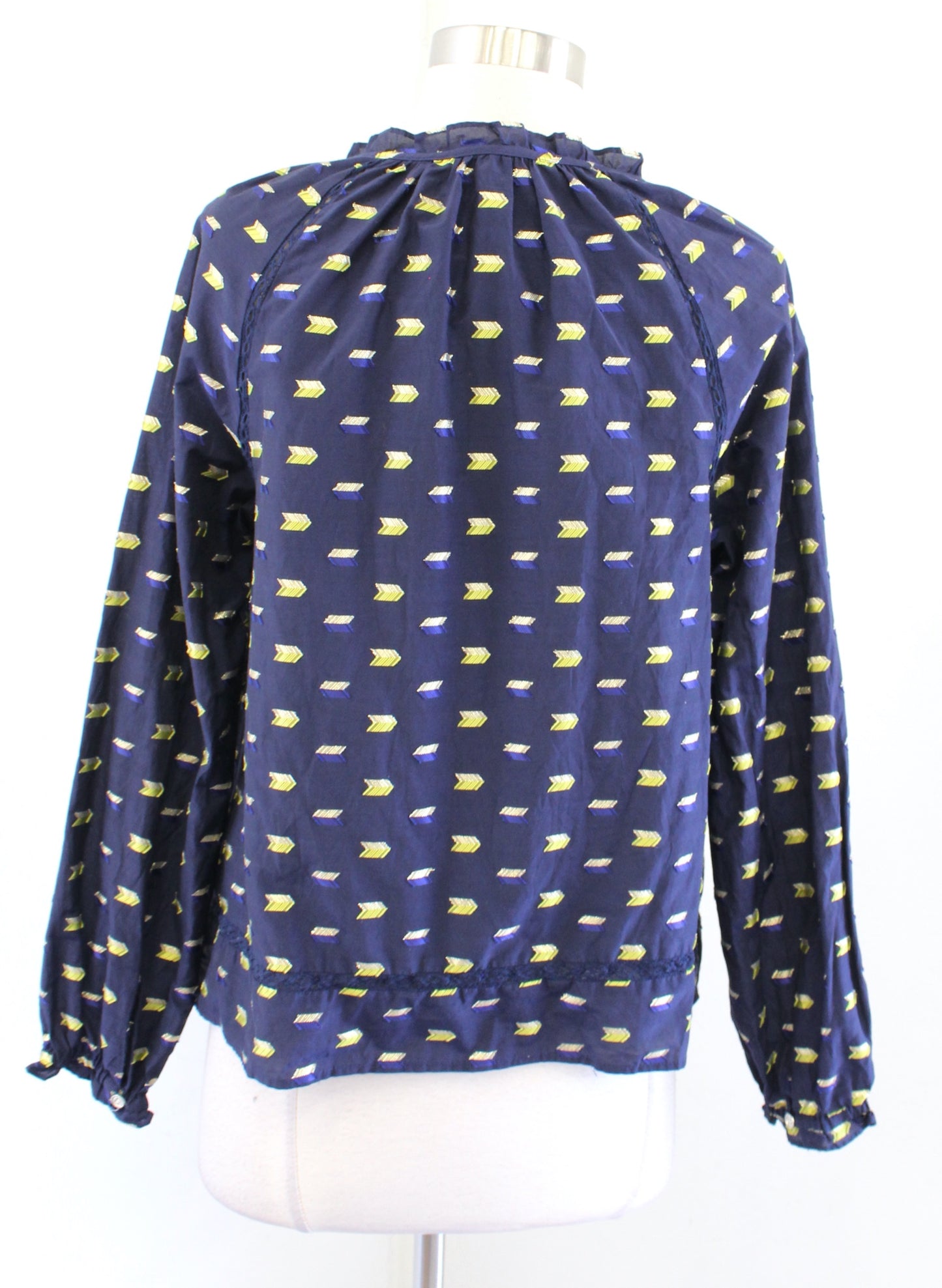 Point Sur J Crew Navy Blue Metallic Arrow Clip Dot Popover Top Blouse Size S