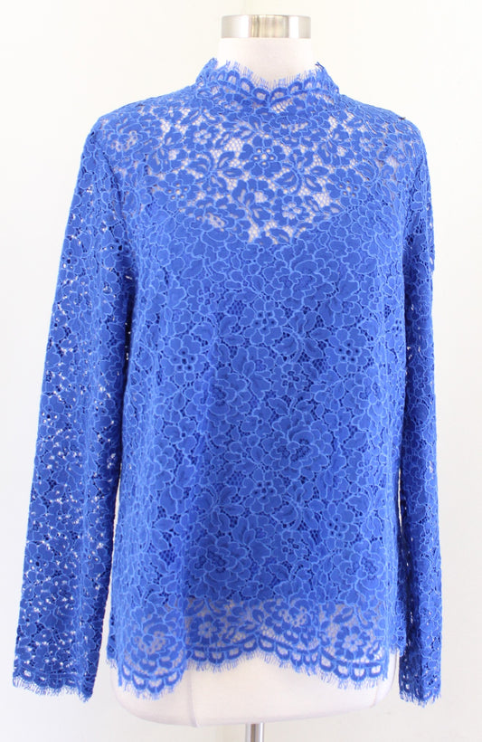 NWT J Crew Blue Layered Lace Scalloped Mock Neck Illusion Top Blouse Size 8