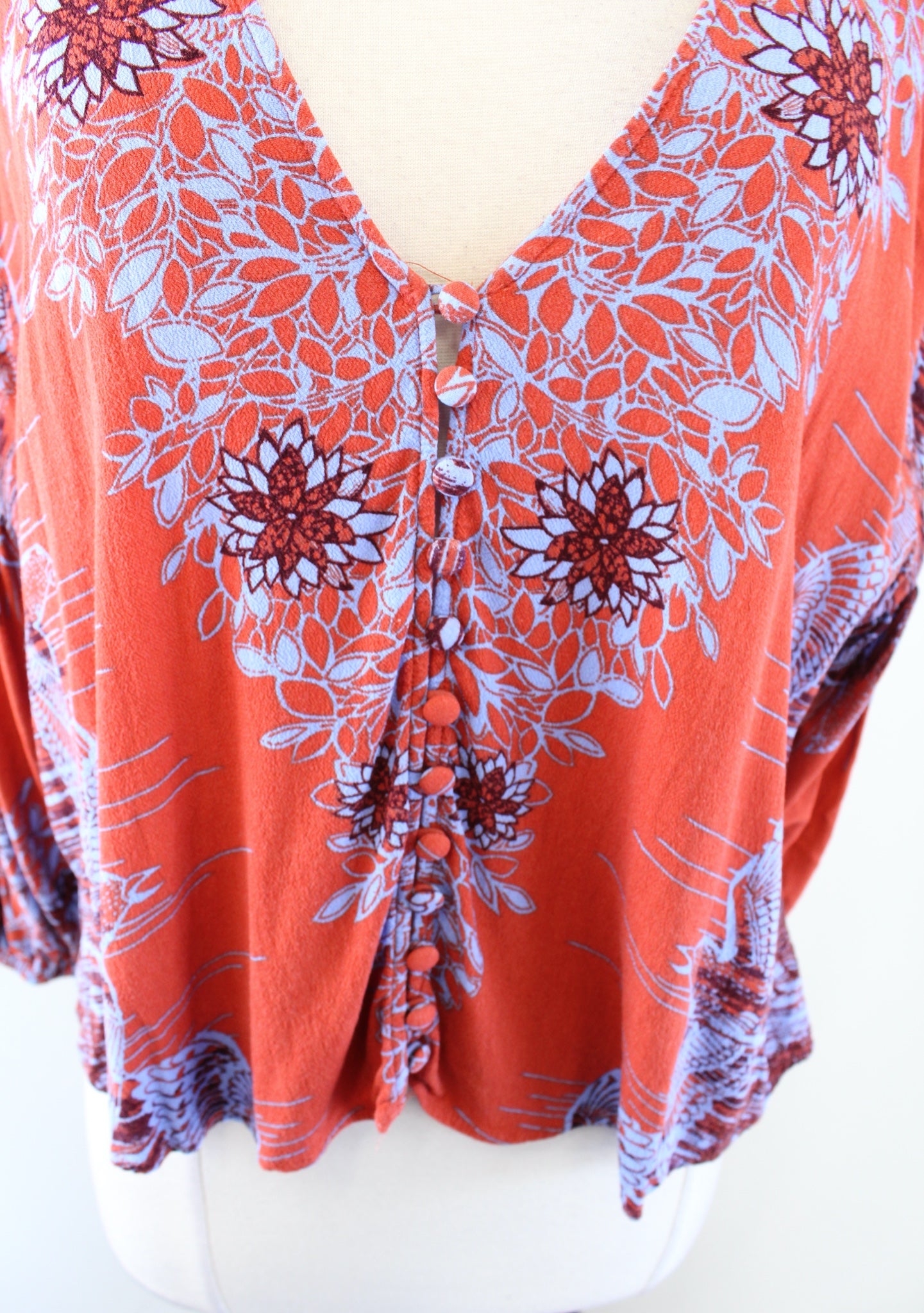 Free People Birds of a Feather Orange Floral Printed Top Blouse Size XS V Neck