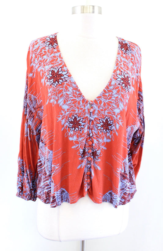 Free People Birds of a Feather Orange Floral Printed Top Blouse Size XS V Neck