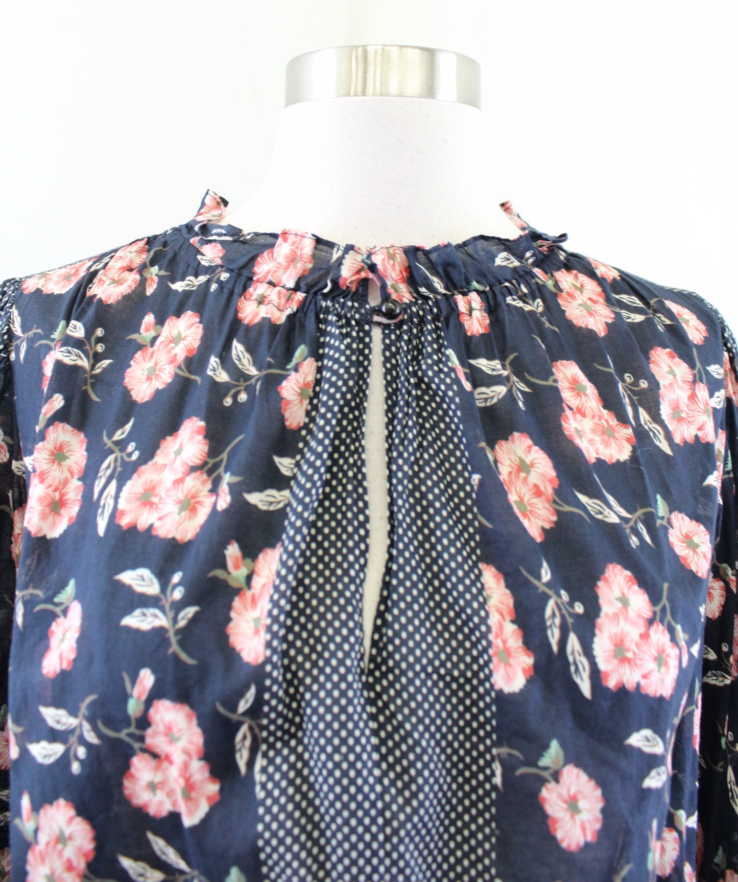Rebecca Taylor La Vie Navy Blue Vintage Floral Polka Dot Peasant Top Blouse Sz S