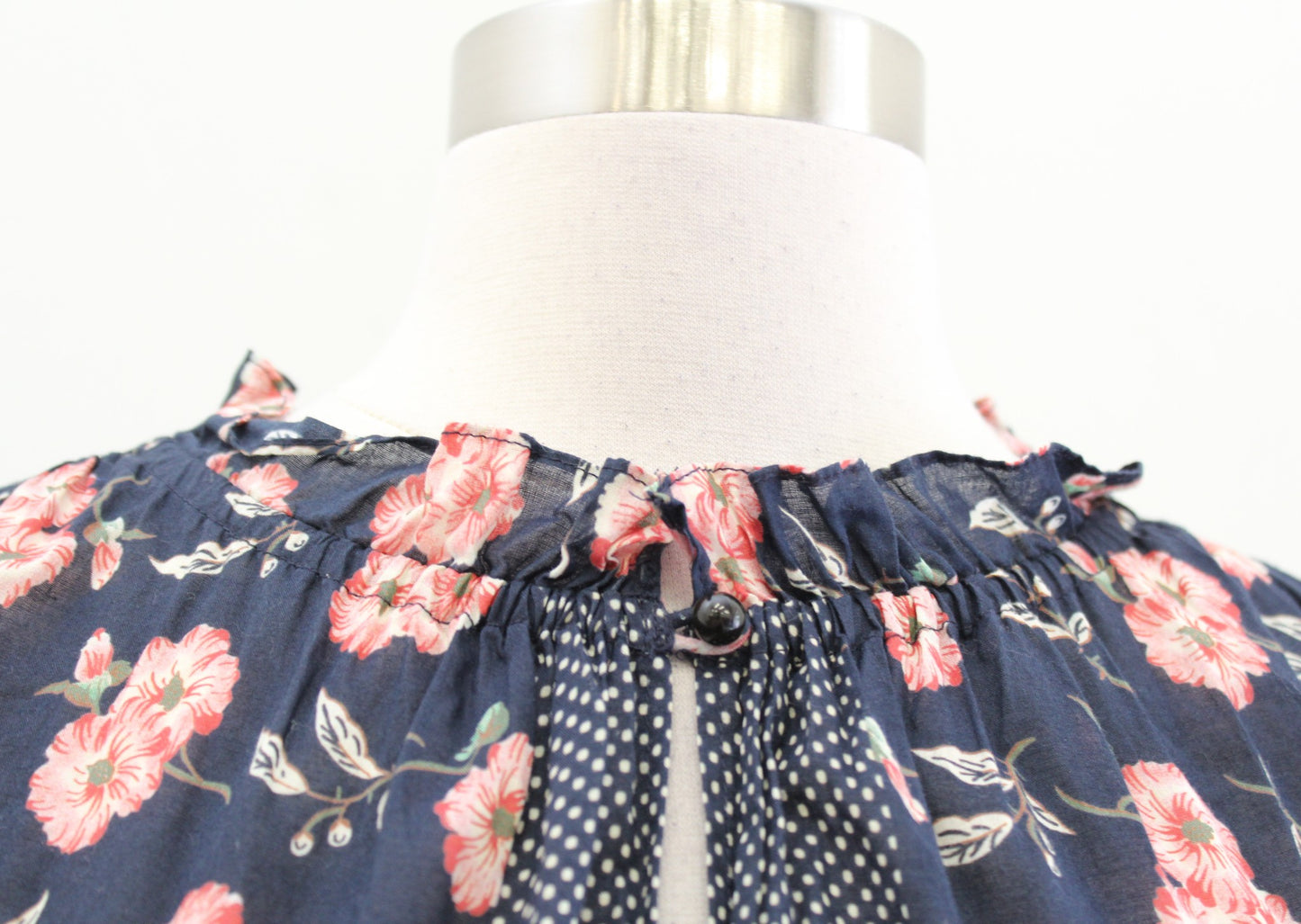 Rebecca Taylor La Vie Navy Blue Vintage Floral Polka Dot Peasant Top Blouse Sz S