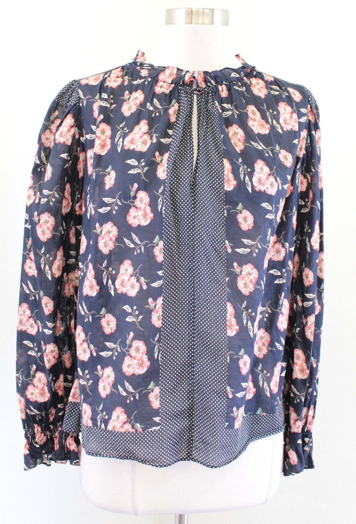 Rebecca Taylor La Vie Navy Blue Vintage Floral Polka Dot Peasant Top Blouse Sz S