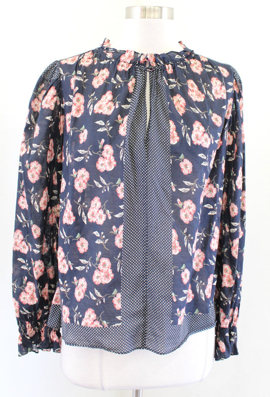 Rebecca Taylor La Vie Navy Blue Vintage Floral Polka Dot Peasant Top Blouse Sz S