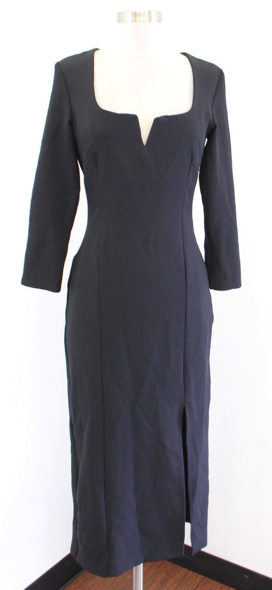 Zara Solid Black Split Square Neck Open Back Midi Dress Size XS Cocktail Fitted