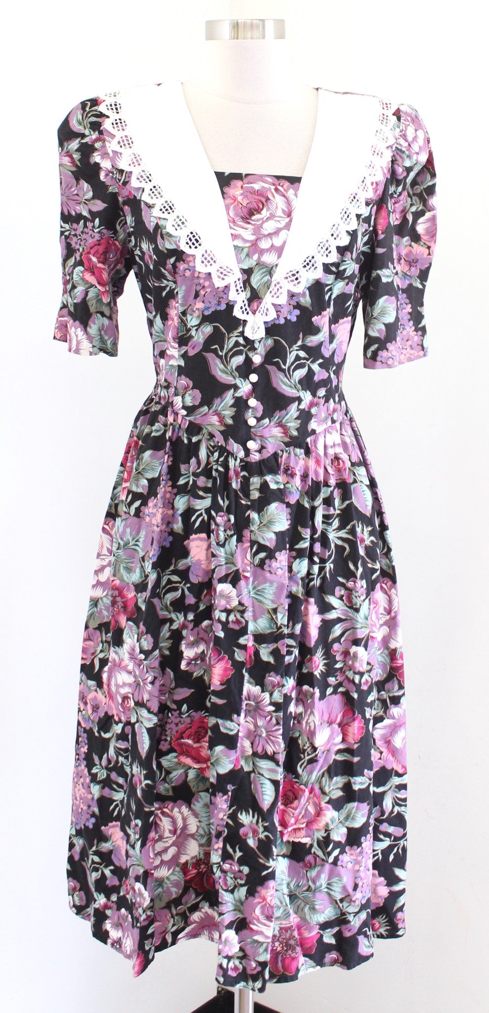 Vtg 90s Black Floral Lace Collar Tie Waist Retro Shirt Dress Size 9 / 10 Modest