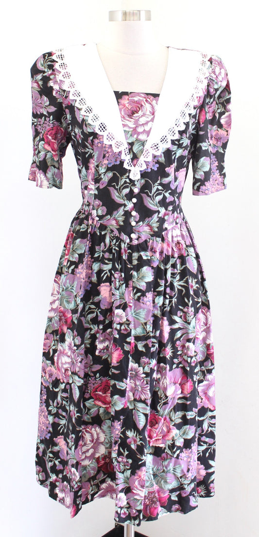 Vtg 90s Black Floral Lace Collar Tie Waist Retro Shirt Dress Size 9 / 10 Modest