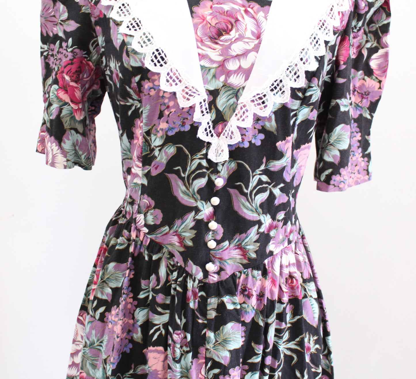 Vtg 90s Black Floral Lace Collar Tie Waist Retro Shirt Dress Size 9 / 10 Modest
