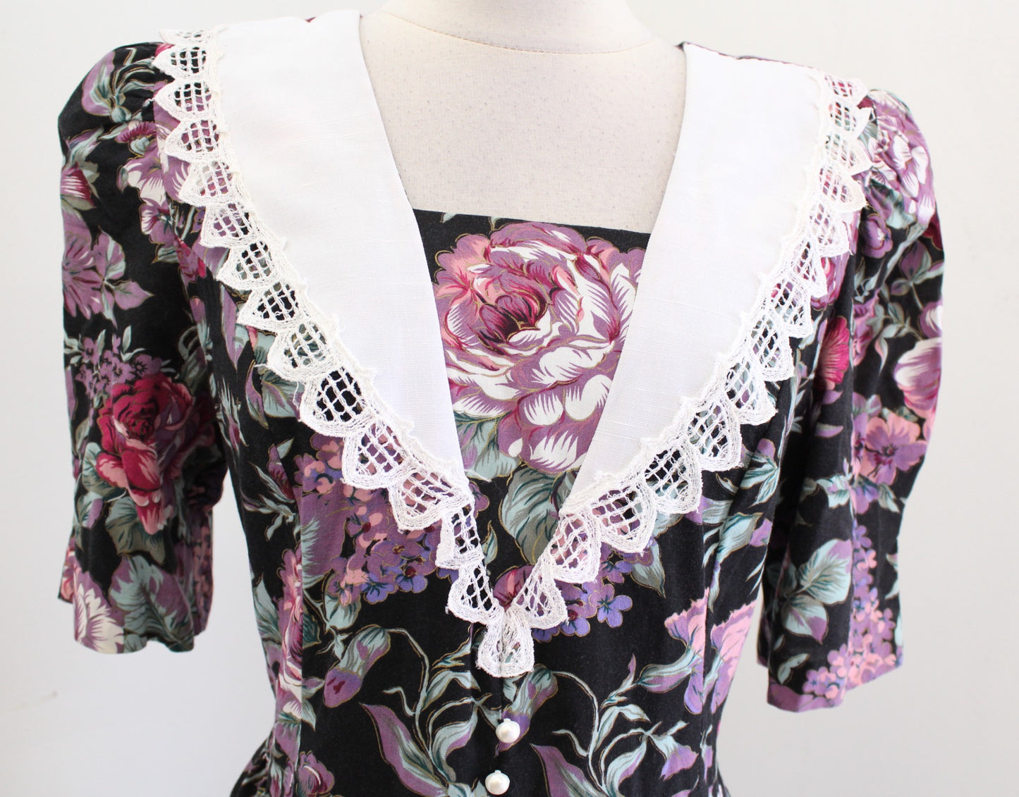 Vtg 90s Black Floral Lace Collar Tie Waist Retro Shirt Dress Size 9 / 10 Modest