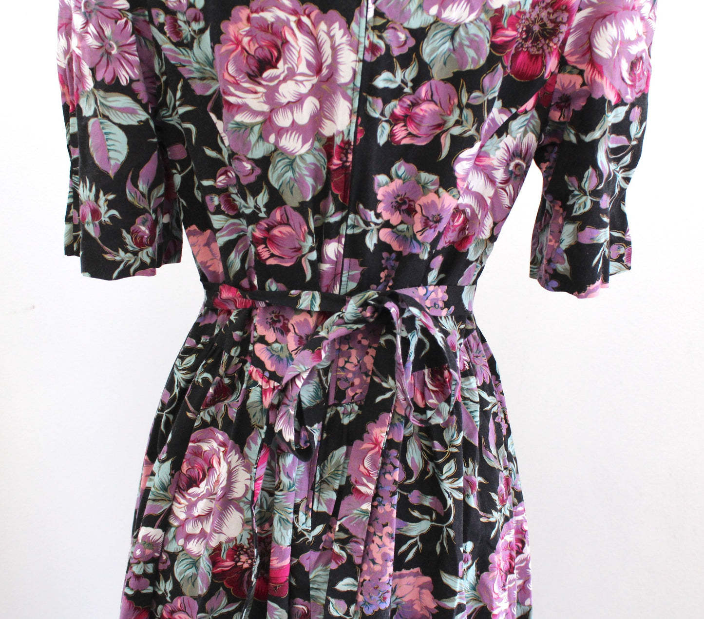 Vtg 90s Black Floral Lace Collar Tie Waist Retro Shirt Dress Size 9 / 10 Modest