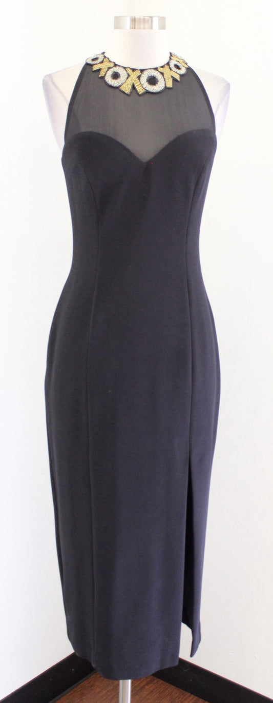 Vtg 90s Black Mesh Sweetheart XO Embellished Midi Dress Cocktail Party Size 4