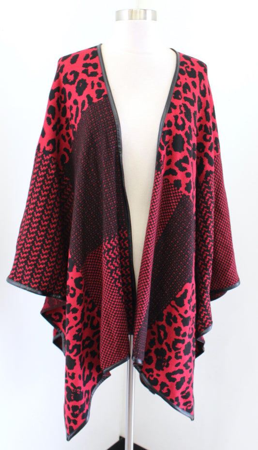 NWT Ming Wang Red Black Leopard Print Knit Hope Wrap Ruana Sweater One Size S M