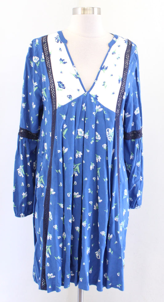 Matilda Jane Day Tripping Blue Floral V Neck Shift Dress Size S Lace Trim Casual