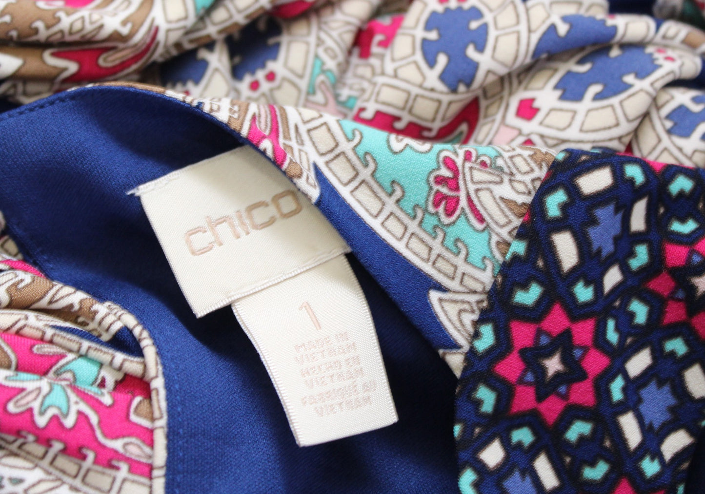 Chicos Geometric Paisley Print Sleeveless Jersey Maxi Dress Size 1 Blue Multi