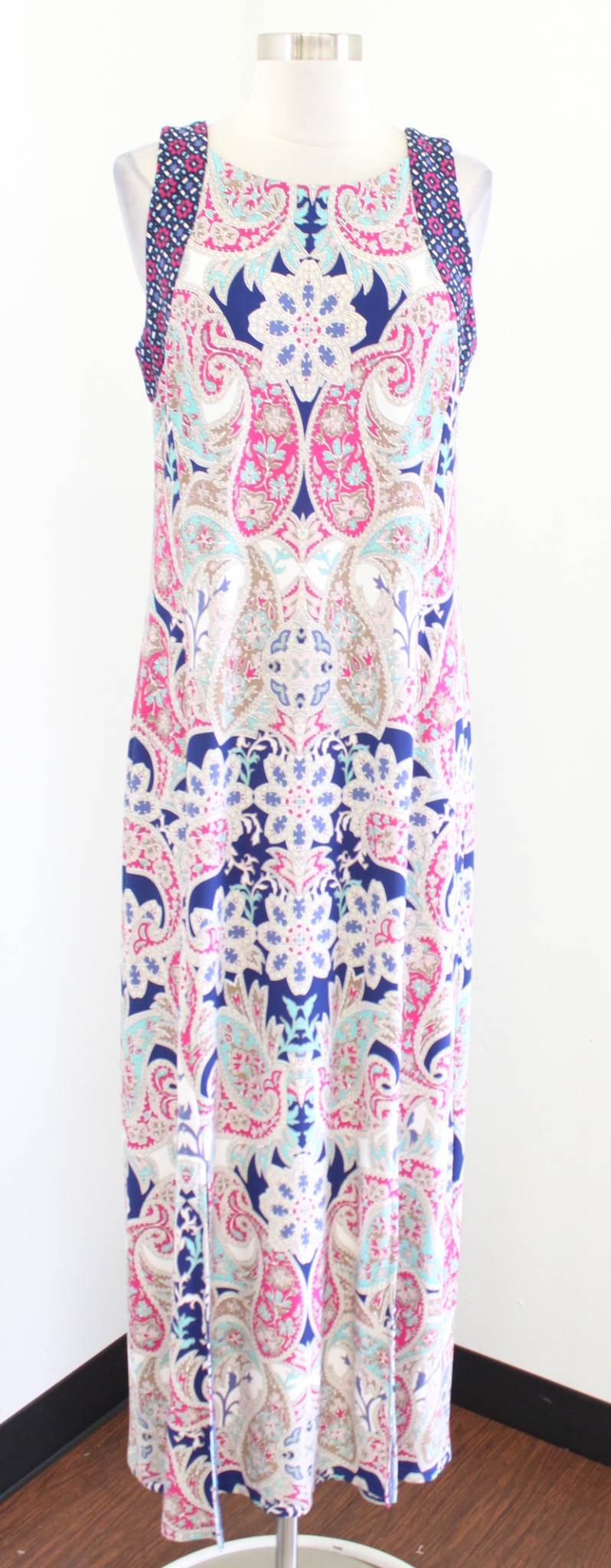 Chicos Geometric Paisley Print Sleeveless Jersey Maxi Dress Size 1 Blue Multi