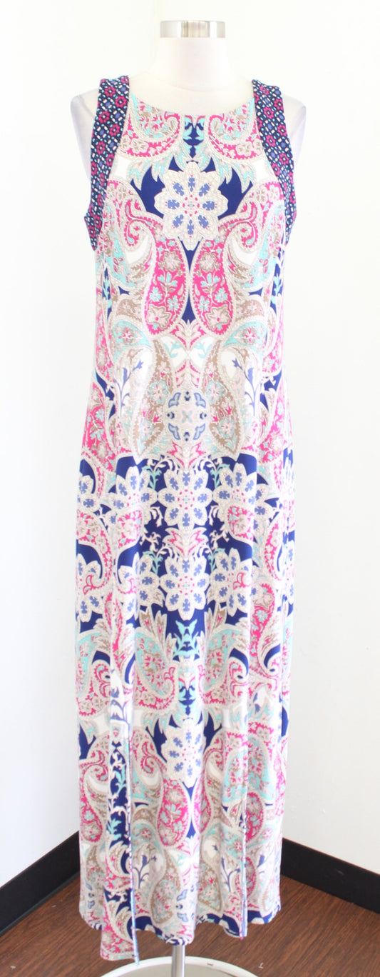 Chicos Geometric Paisley Print Sleeveless Jersey Maxi Dress Size 1 Blue Multi