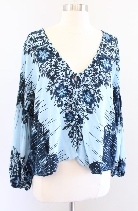 Free People Birds of a Feather Blue Floral Bird Print Top Blouse Size XS Boho