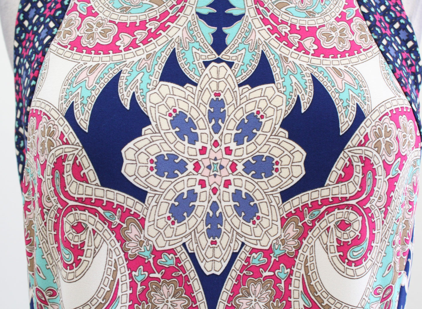 Chicos Geometric Paisley Print Sleeveless Jersey Maxi Dress Size 1 Blue Multi