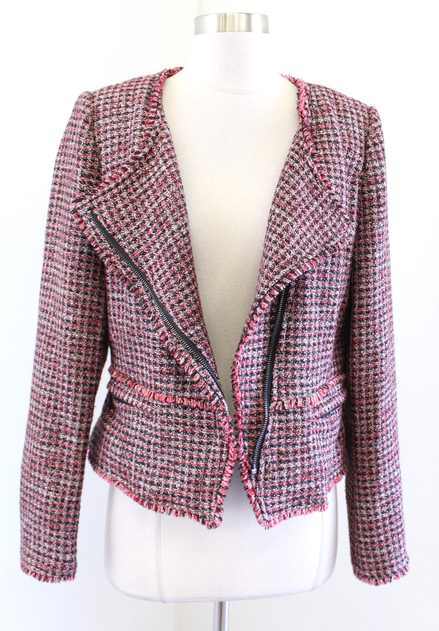 White House Black Market Red Tweed Fringe Trim Moto Style Blazer Jacket Size 8