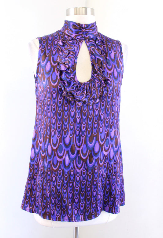 Nanette Leopore Purple Blue Geometric Print Silk Keyhole Collared Top Blouse 2 Sleeveless