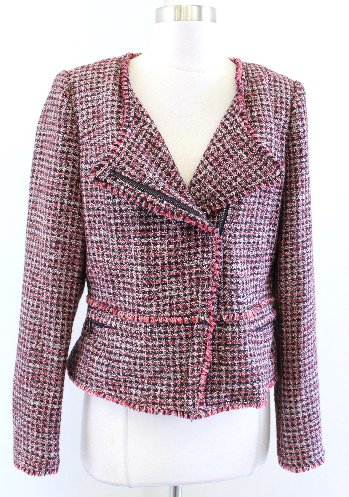 White House Black Market Red Tweed Fringe Trim Moto Style Blazer Jacket Size 8