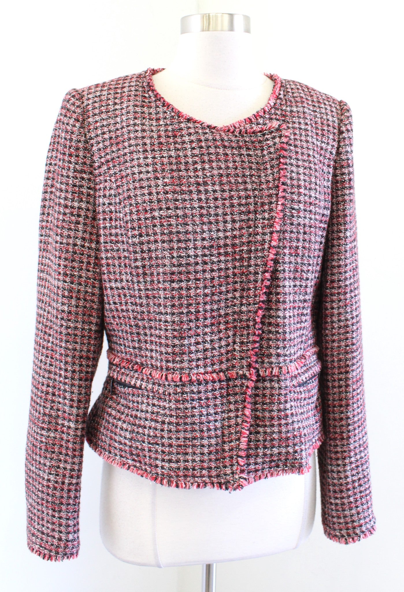 White House Black Market Red Tweed Fringe Trim Moto Style Blazer Jacket Size 8