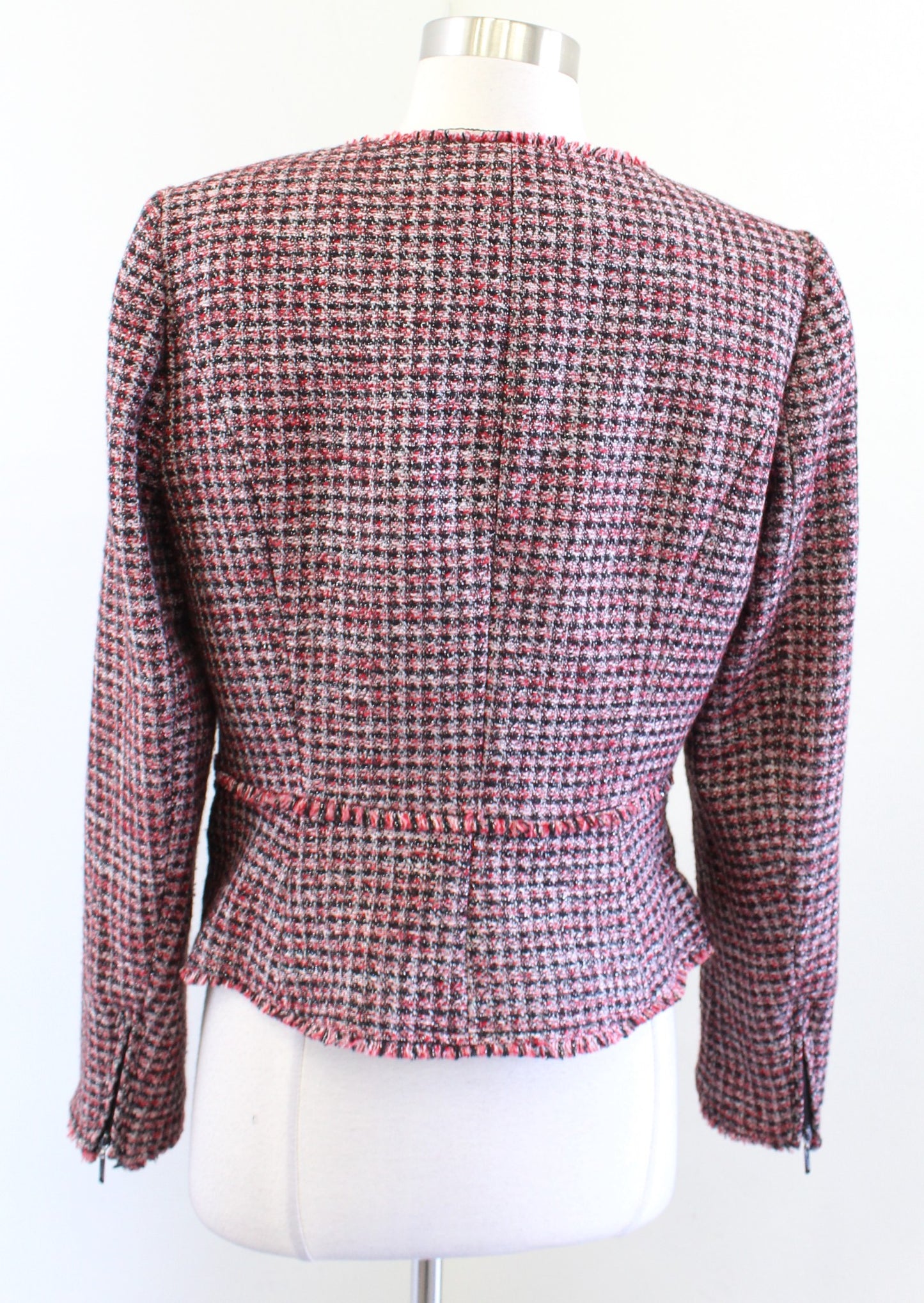 White House Black Market Red Tweed Fringe Trim Moto Style Blazer Jacket Size 8