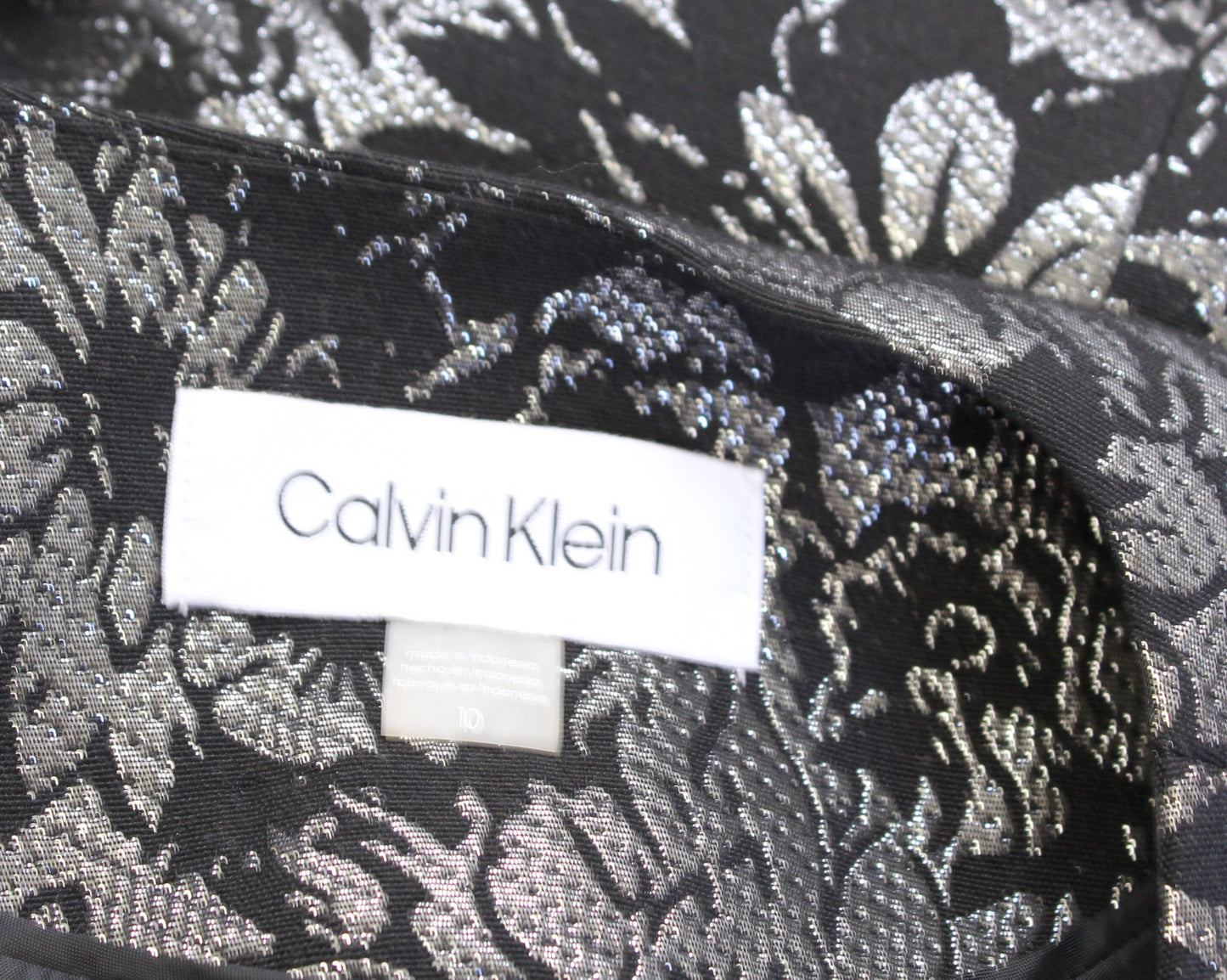 Calvin Klein Black Silver Metallic Floral Open Blazer Jacket Size 10 Evening