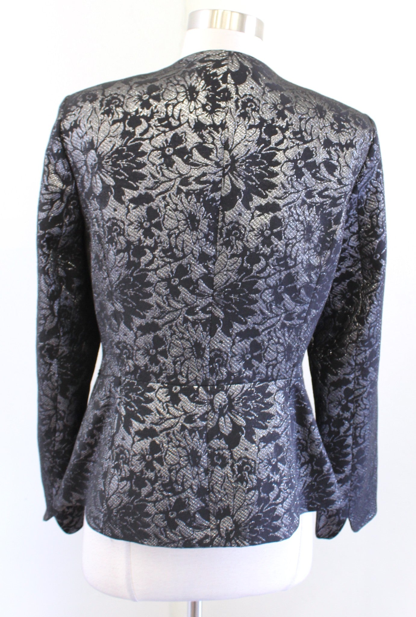 Calvin Klein Black Silver Metallic Floral Open Blazer Jacket Size 10 Evening