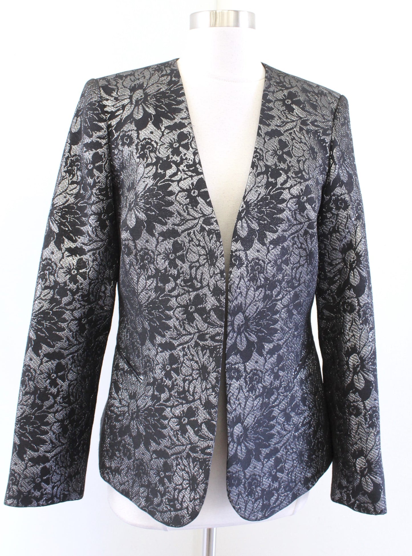 Calvin Klein Black Silver Metallic Floral Open Blazer Jacket Size 10 Evening