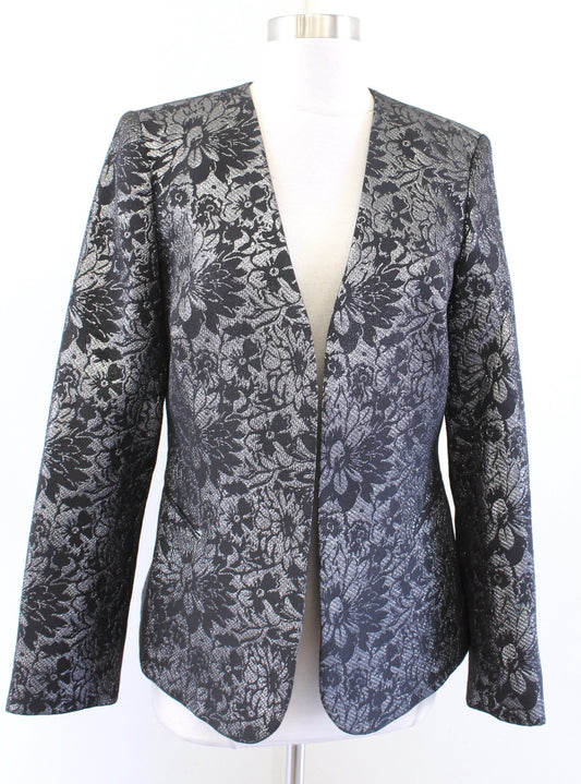 Calvin Klein Black Silver Metallic Floral Open Blazer Jacket Size 10 Evening