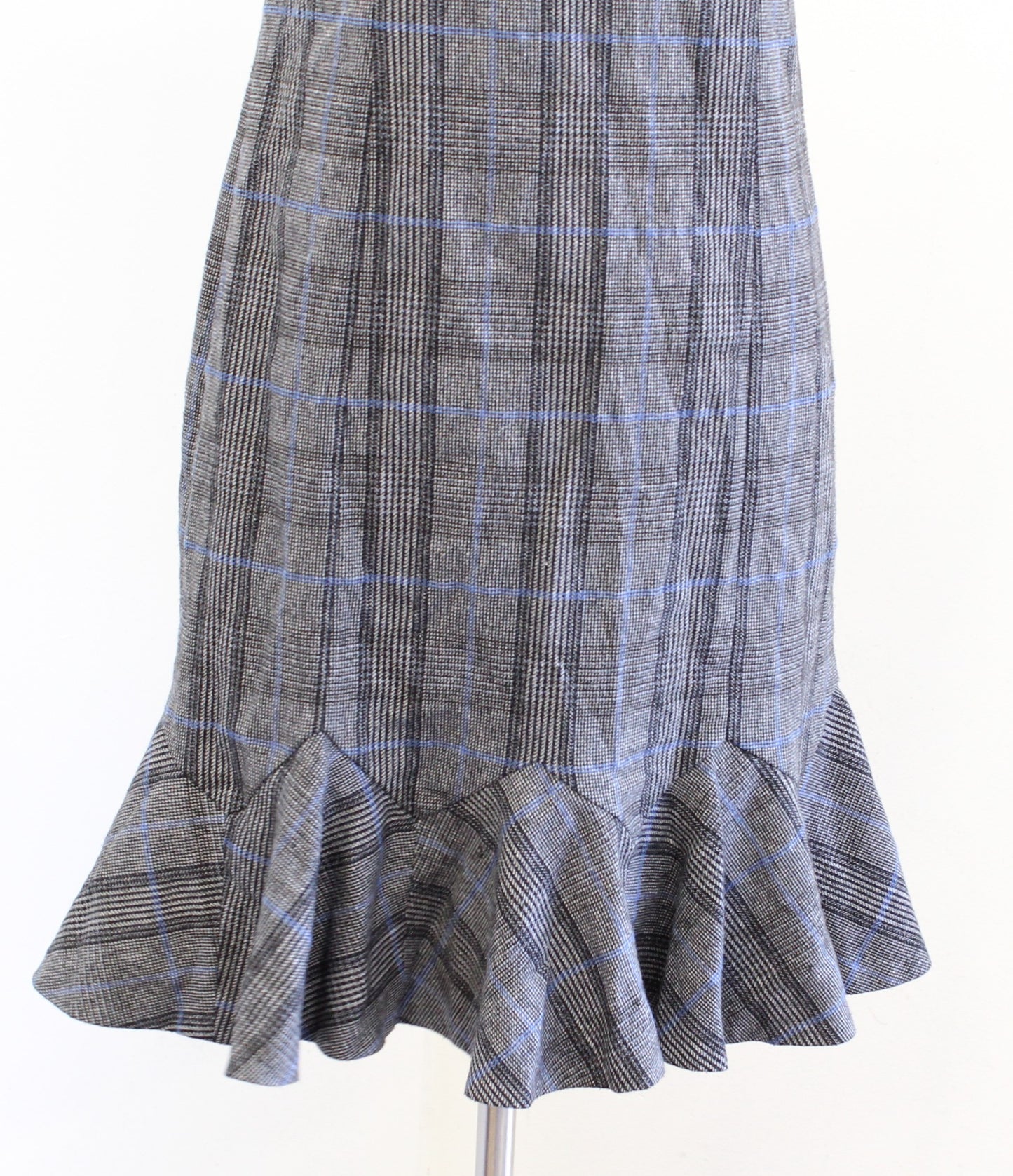 Banana Republic Plaid Godet Flounce Hem Sheath Dress Sz 2 Gray Blue Wool Career