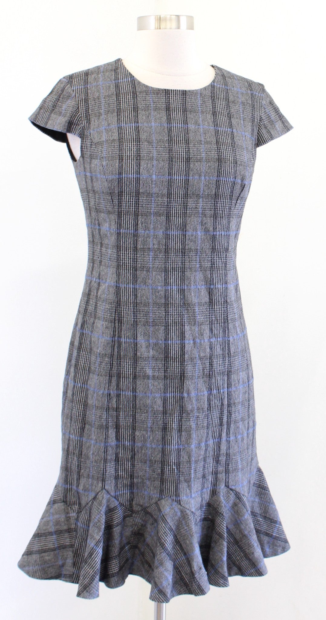 Banana Republic Plaid Godet Flounce Hem Sheath Dress Sz 2 Gray Blue Wool Career