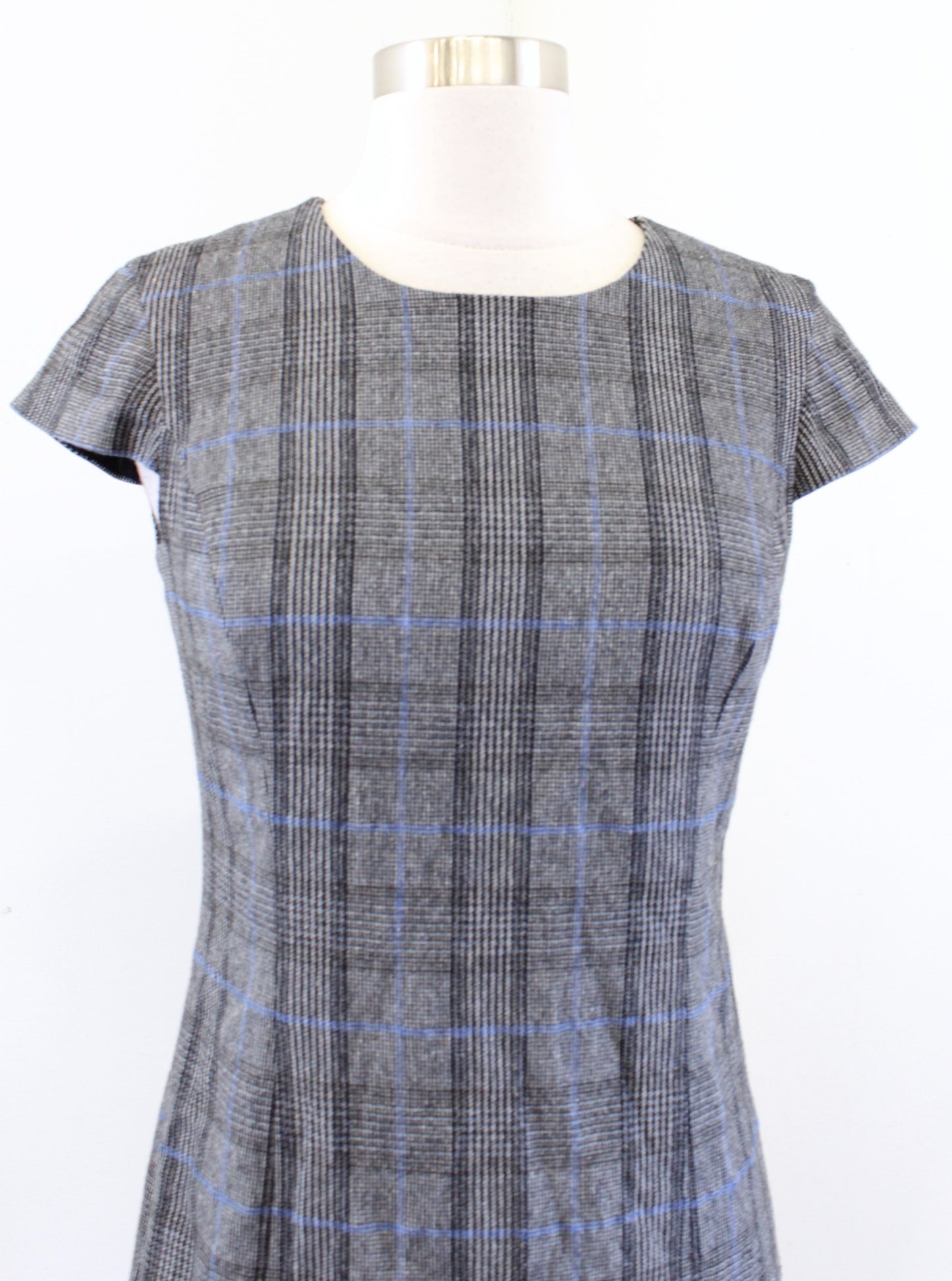 Banana Republic Plaid Godet Flounce Hem Sheath Dress Sz 2 Gray Blue Wool Career