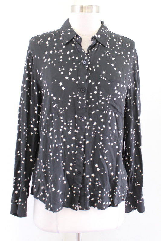 Rails Rocsi Constellation Star Print Button Front Shirt Blouse Size S Gray White