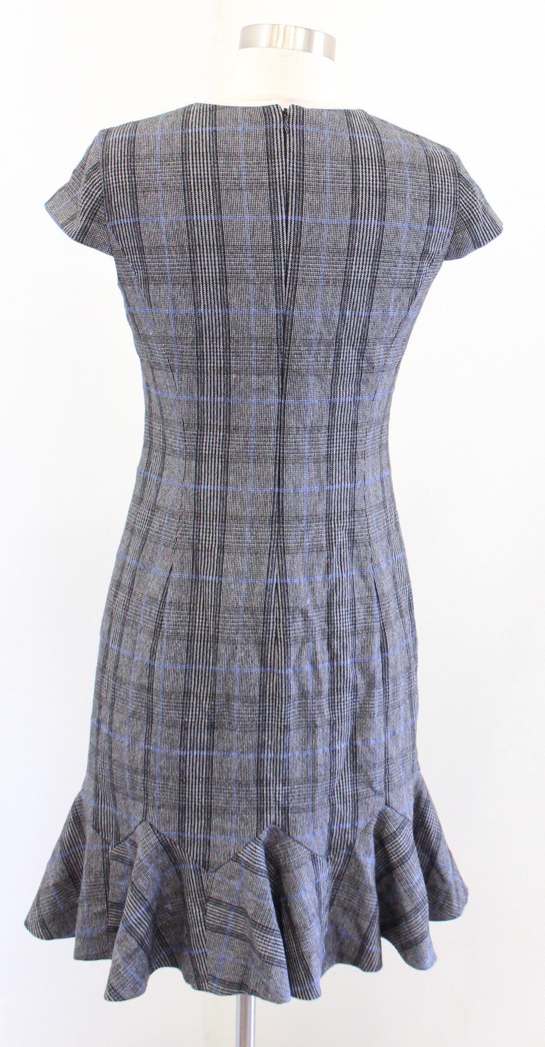 Banana Republic Plaid Godet Flounce Hem Sheath Dress Sz 2 Gray Blue Wool Career