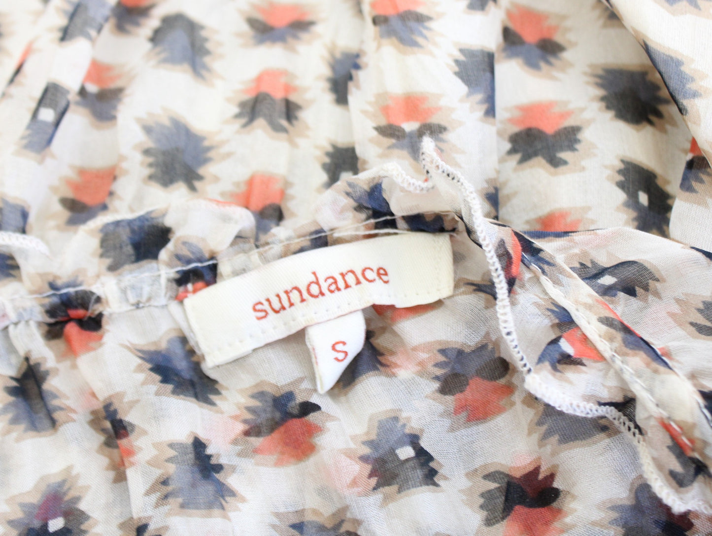 Sundance Catalog Geometric Print Lace Trim Smocked Silk Peasant Top Blouse Sz XS