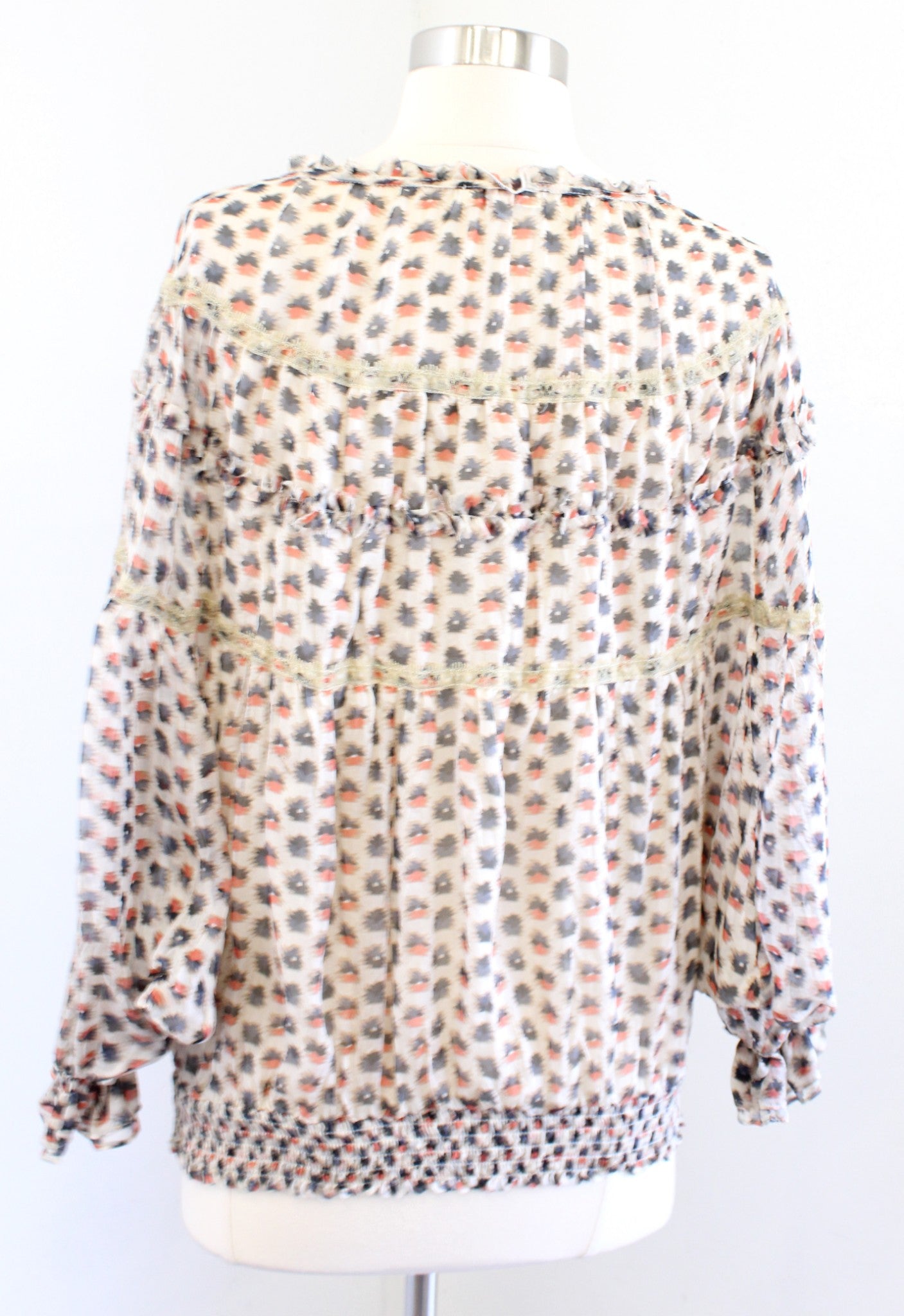 Sundance Catalog Geometric Print Lace Trim Smocked Silk Peasant Top Blouse Sz XS