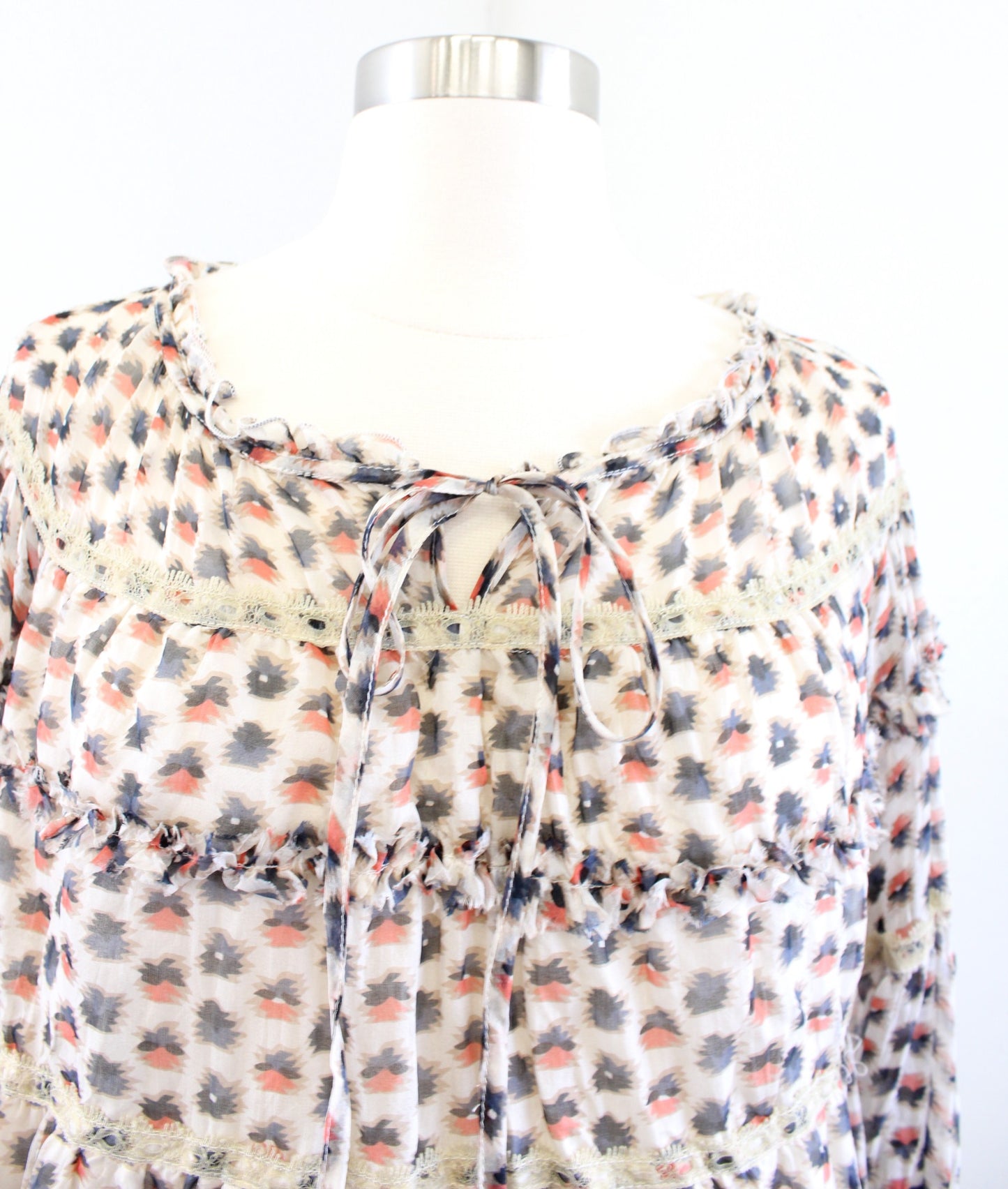 Sundance Catalog Geometric Print Lace Trim Smocked Silk Peasant Top Blouse Sz XS