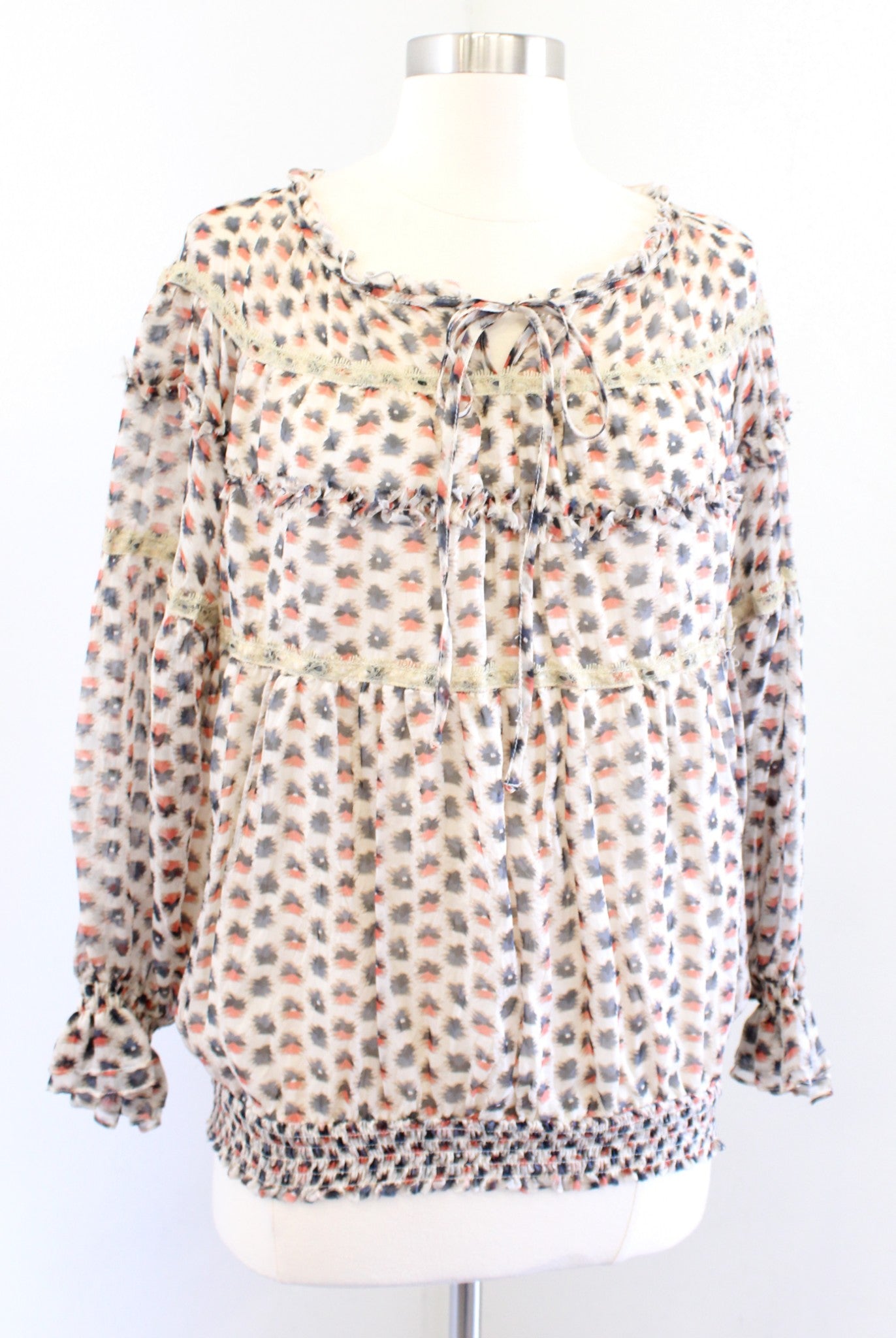 Sundance Catalog Geometric Print Lace Trim Smocked Silk Peasant Top Blouse Sz XS