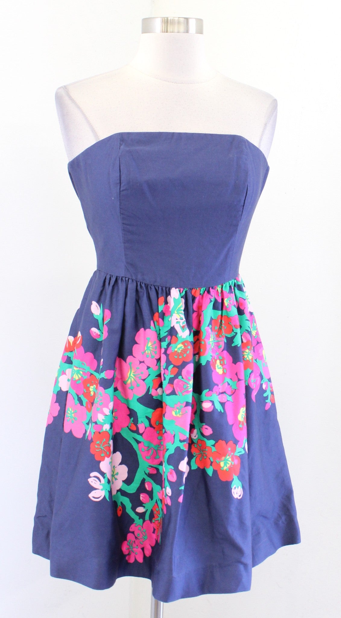 Lilly Pulitzer Lottie Navy Cherry Mine Floral Strapless Fit and Flare Dress Sz 0