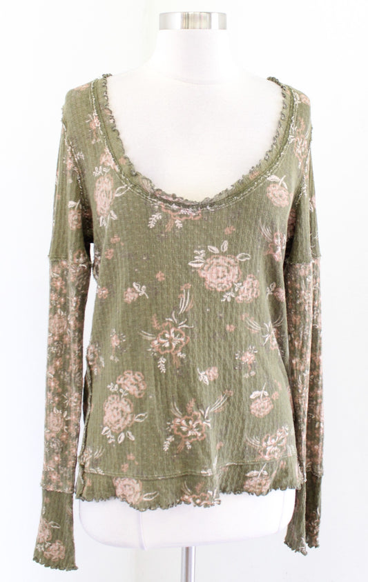 NWT We the Free Free People Clover Floral Thermal Top Blouse Army Green Size L