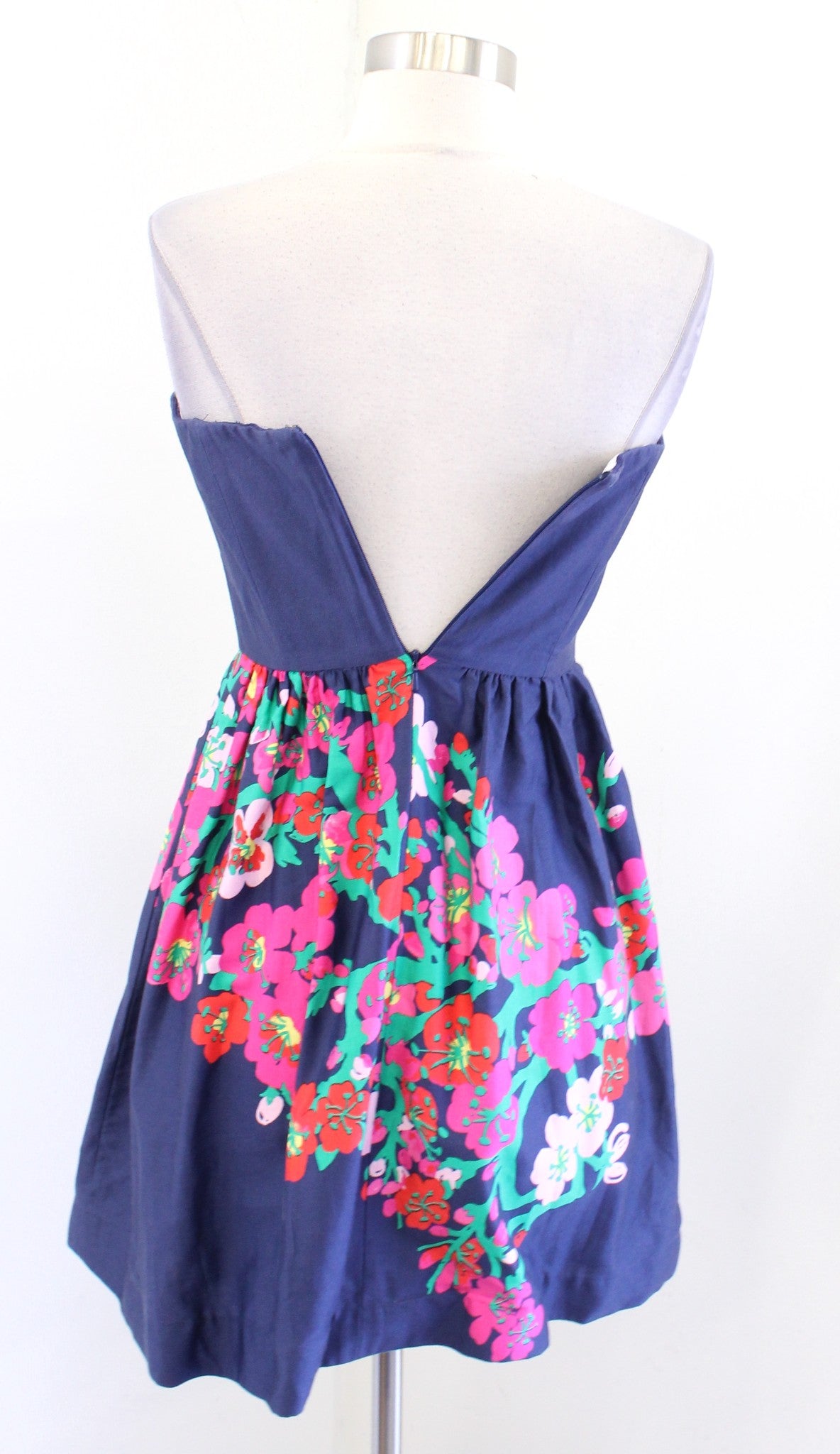 Lilly Pulitzer Lottie Navy Cherry Mine Floral Strapless Fit and Flare Dress Sz 0