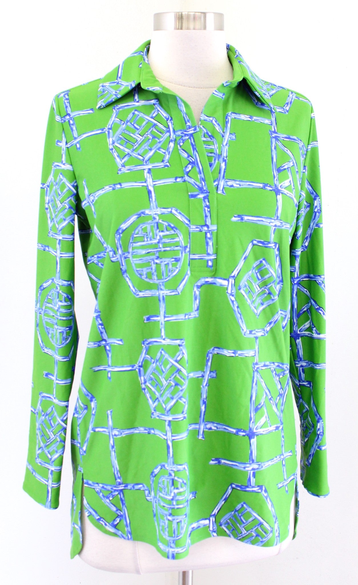 Jude Connally Hadley Green Blue Bamboo Geometric Print Jude Cloth Top Blouse XS