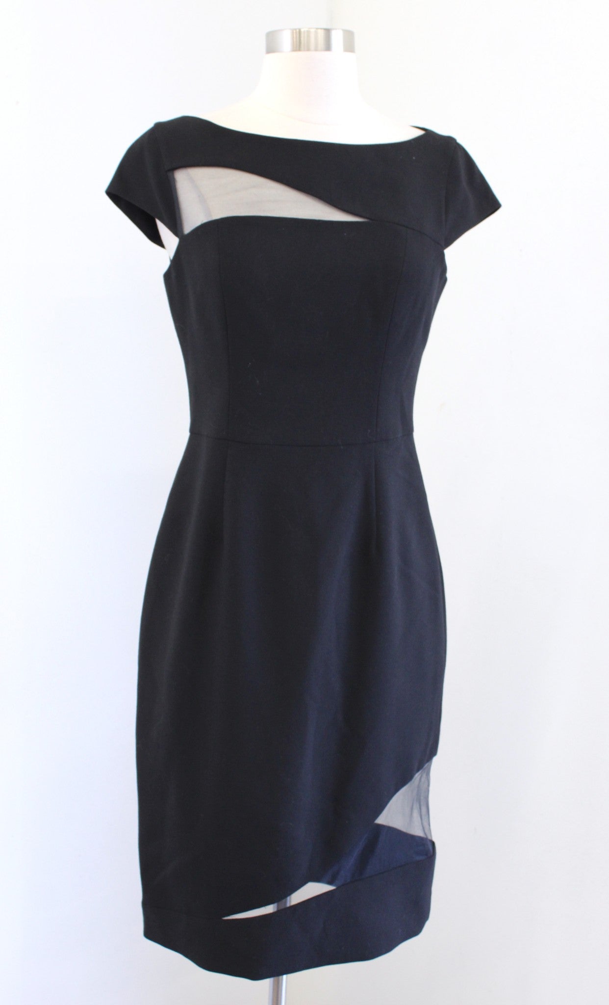 NWT Black Halo Remi Black Mesh Inset Illusion Sheath Dress Size 4 Cap Sleeve