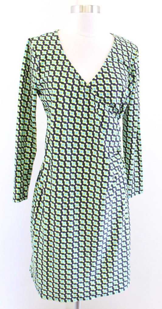 Jude Connally Jude Cloth Black Green Geometric Print Ruched Surplice Dress Sz S