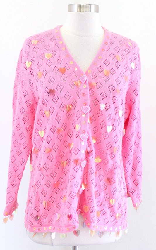 Pink Pointelle Crochet Style 3D Heart Embellished Sequin Cardigan Sweater Size L