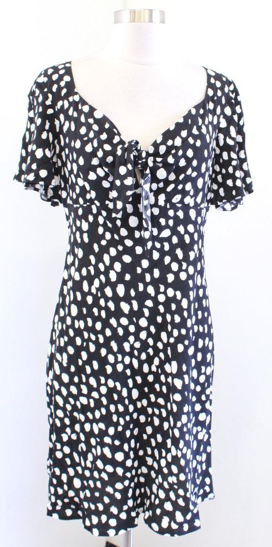 NWT Ann Taylor Loft Black White Spotted Tie Front V Neck Casual Dress Size PM MP