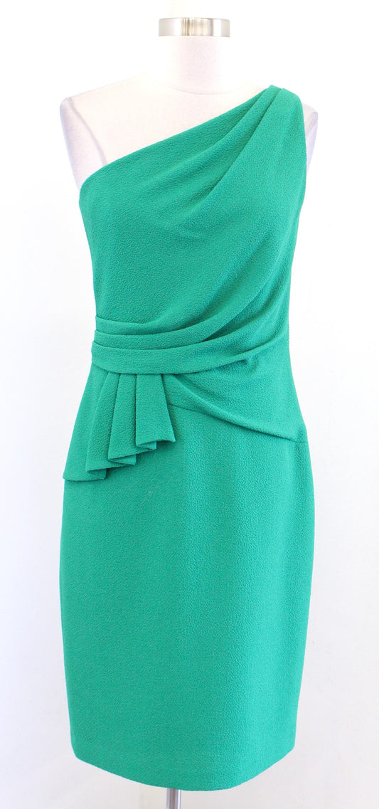 David Meister Green One Shoulder Ruched Ruffle Cocktail Party Dress Sz 2 Holiday